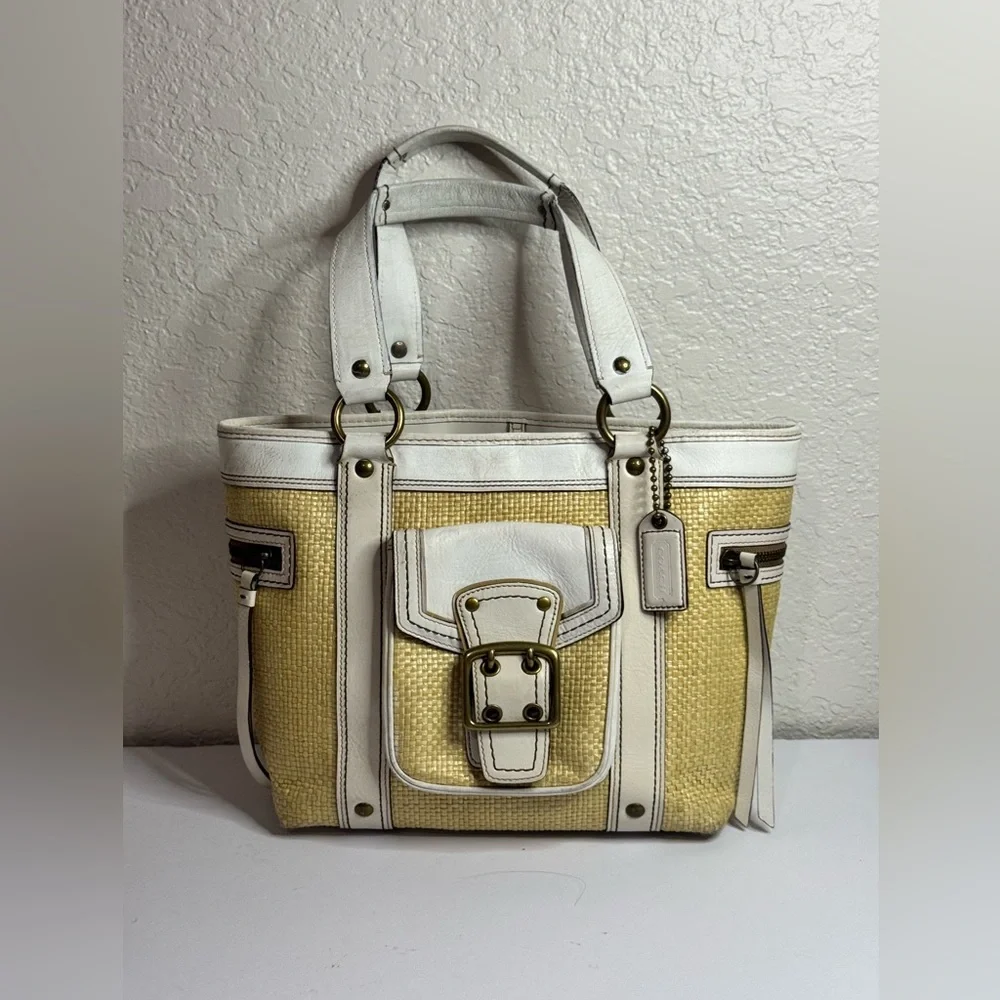 Vintage Y2K COACH White Leather Trim Tote Handbag LEGACY w Natural Straw Purse